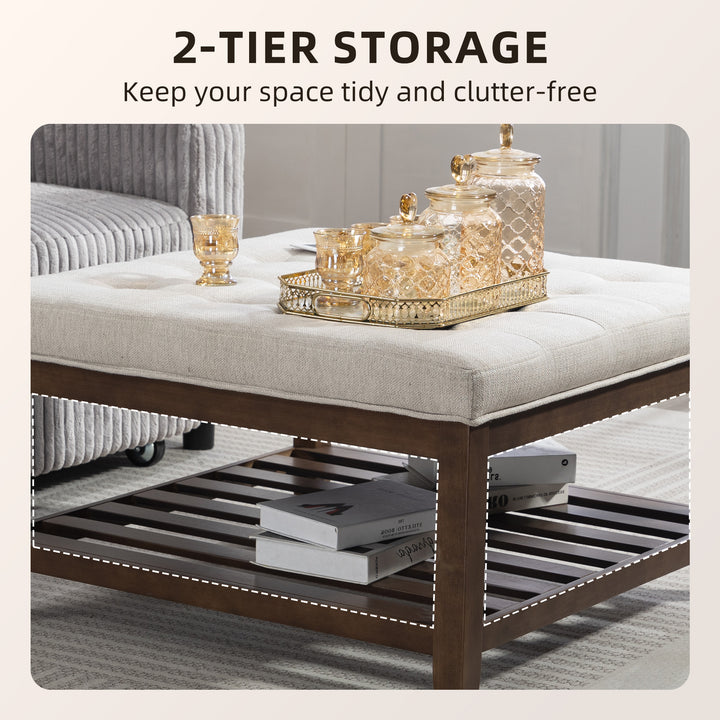 HOMCOM Ottoman Coffee Table, 32 Inch Square Footrest Ottoman with Storage, Linen Upholstered Tufted Footstool, Beige