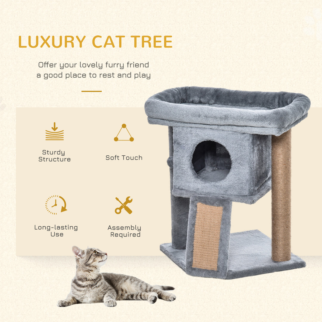 PawHut Cat Tree, Small Cat Tower with Perch, Scratching Post, Cat Condo, Toy Ball for Kitty, Indoor Use, Grey