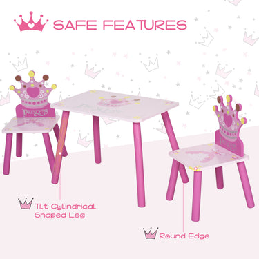 Qaba 3-Piece Set Kids Wooden Table Chair with Crown Pattern Easy to Clean Gift for Girls Toddlers Age 2-4 Years Old Pink