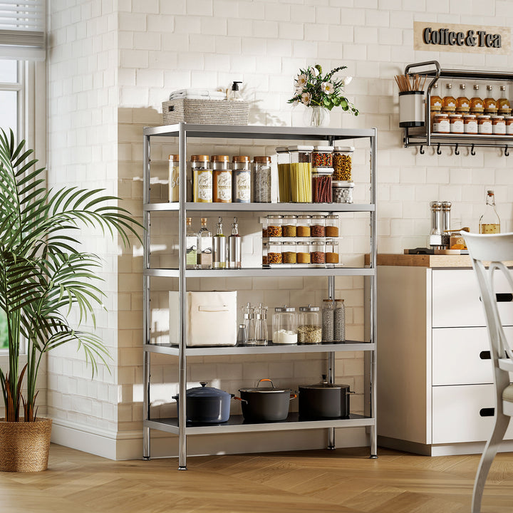 HOMCOM Bakers Rack, 5-Tier Stainless Steel Kitchen Storage Shelf with Adjustable Heights for Spices, Pots and Pans, Silver