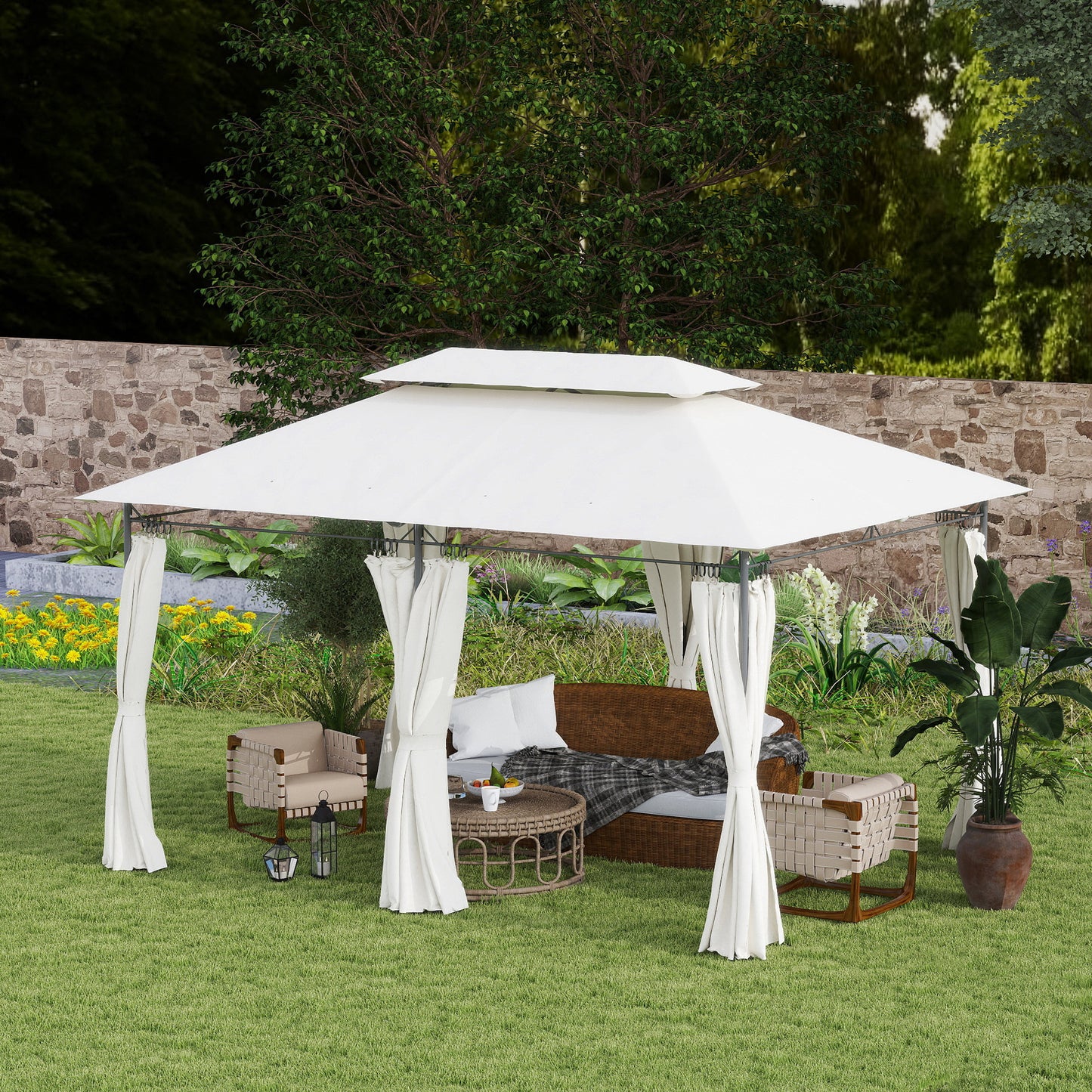 Outsunny 10'Â xÂ 13' Double Roof Patio Gazebo, Outdoor Gazebo with Curtains, for Garden, Lawn, Backyard and Deck, Cream White