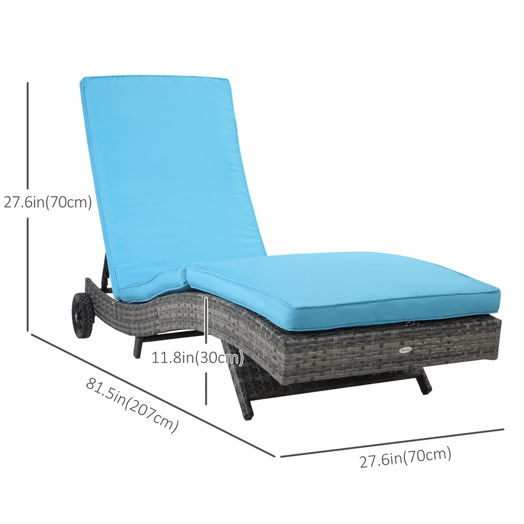 Outsunny Outdoor Adjustable Wicker Chaise Lounge Chair with Cushion & Wheels for Patio, Deck, Poolside, Sky Blue