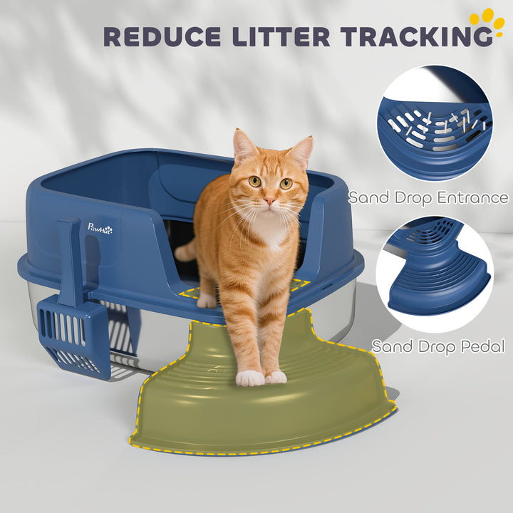 PawHut Stainless Steel Cat Litter Box, Cat Litter Box with High Side and Scoop, Anti-Leakage, Easy to Clean, Navy Blue