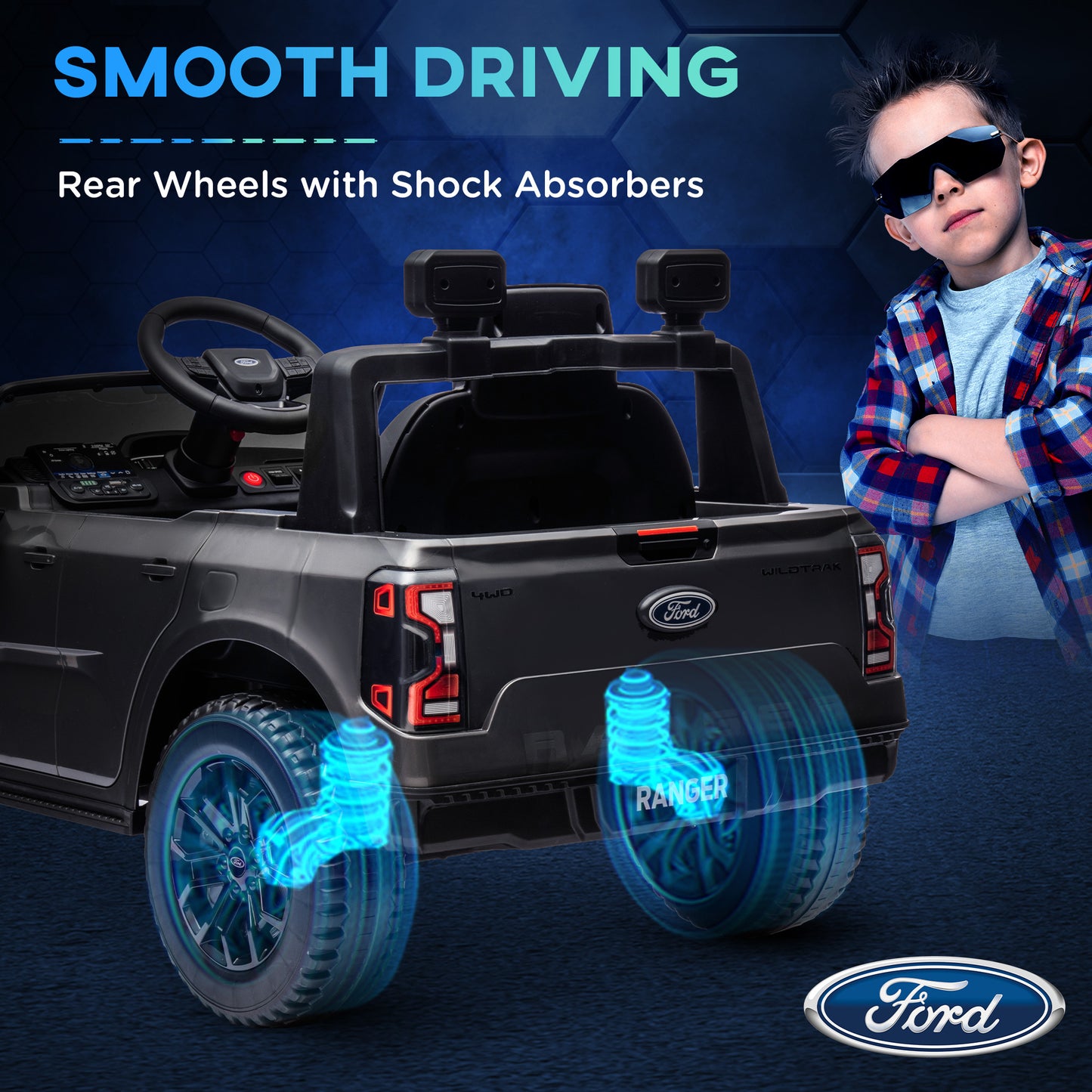 Qaba Ford Ranger Licensed 12V Ride on Car Battery Powered Kids Truck w/ Rear Storage Remote, Spring Suspension, Blue