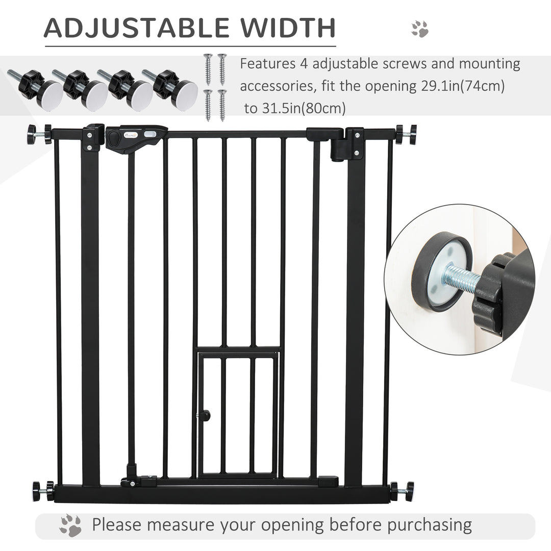 PawHut Retractable Gate Extra Wide Press-Mounted with Cat Door, Auto Closing Pet Gate for Stair, Hallway, 29-32 Inch