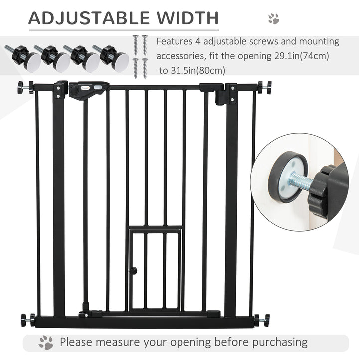 PawHut Retractable Gate Extra Wide Press-Mounted with Cat Door, Auto Closing Pet Gate for Stair, Hallway, 29-32 Inch