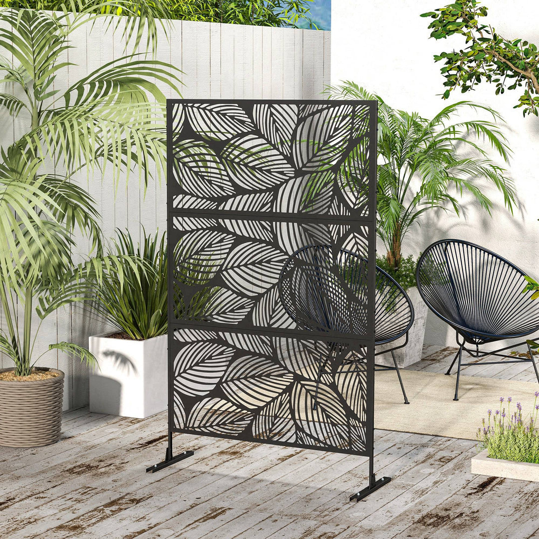 Outsunny 6.5FT Decorative Outdoor Divider, Metal Privacy Screen with Stand, Leaf Style, Black