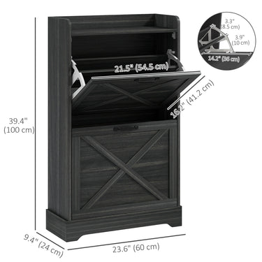 HOMCOM Slim Shoe Storage Cabinet, Farmhouse Shoe Cabinet with 2 Flip Drawers, Adjustable Shelves for 8 Pairs, Distressed Grey