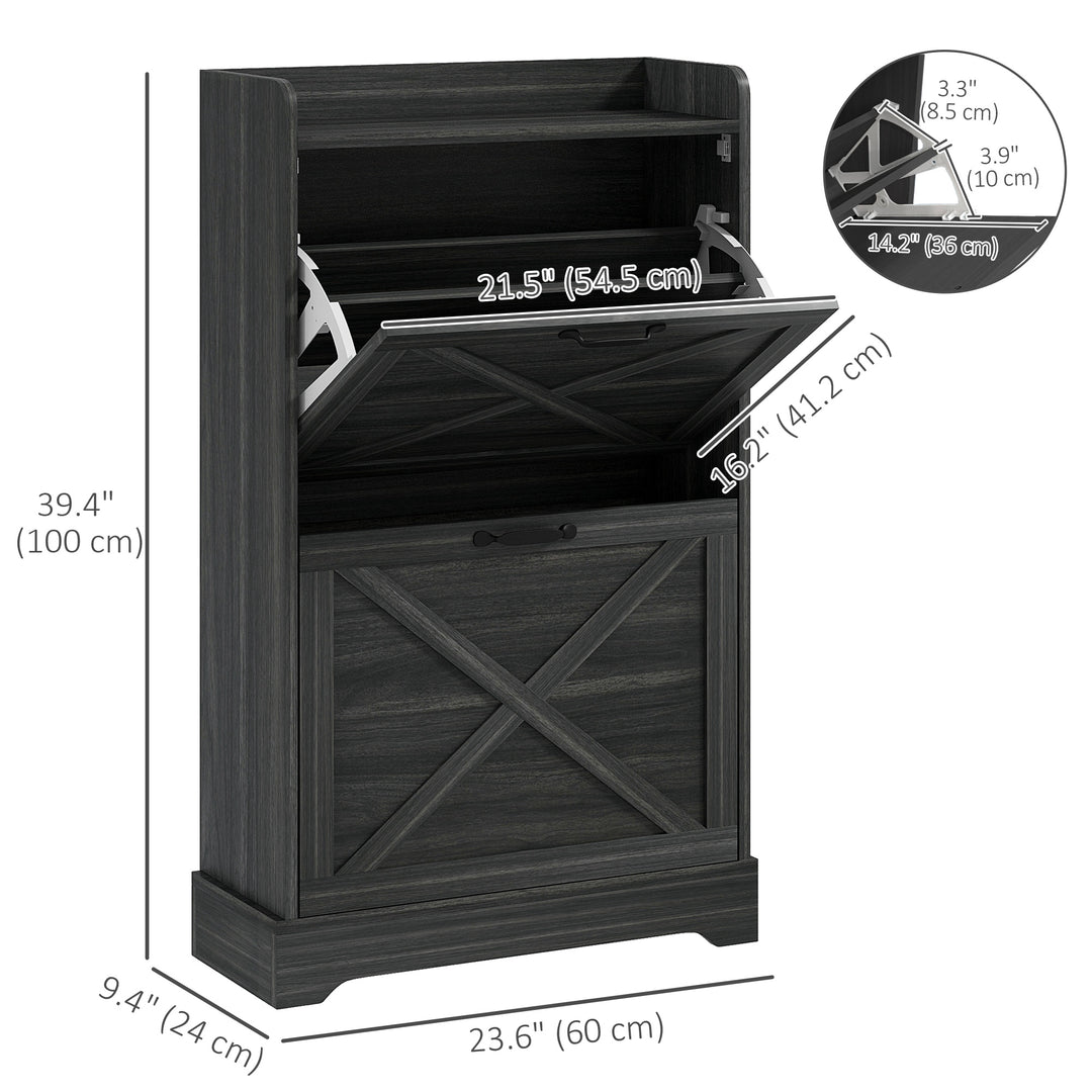 HOMCOM Slim Shoe Storage Cabinet, Farmhouse Shoe Cabinet with 2 Flip Drawers, Adjustable Shelves for 8 Pairs, Distressed Grey