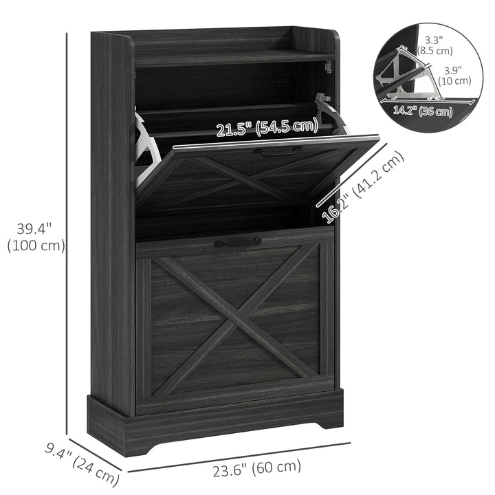 HOMCOM Slim Shoe Storage Cabinet, Farmhouse Shoe Cabinet with 2 Flip Drawers, Adjustable Shelves for 8 Pairs, Distressed Grey