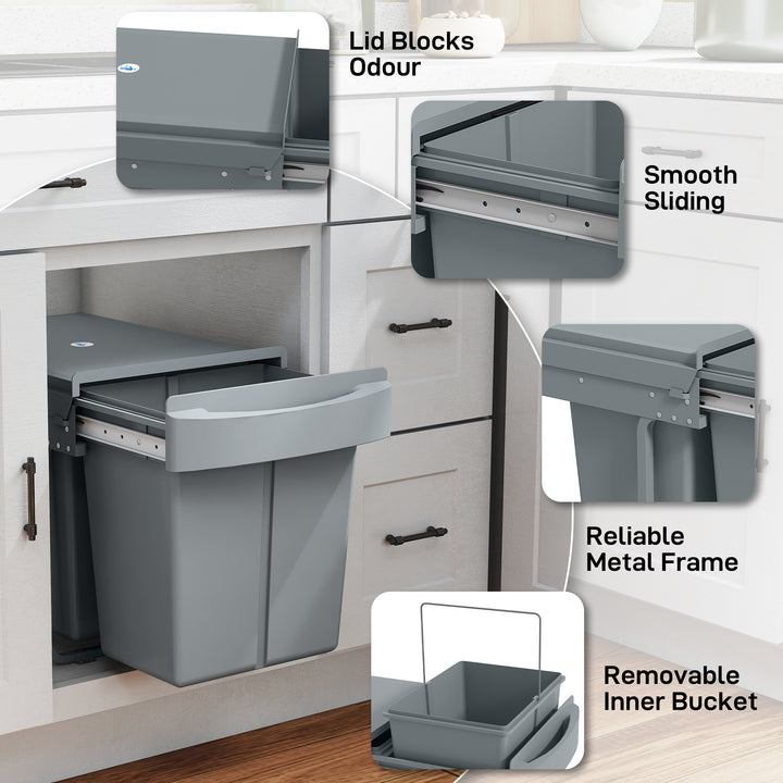 HOMCOM Pull Out Trash Can Under Cabinet, 10.6 Gallon (40L) Slide Out Garbage Can with 2 Removable Compartments, Grey