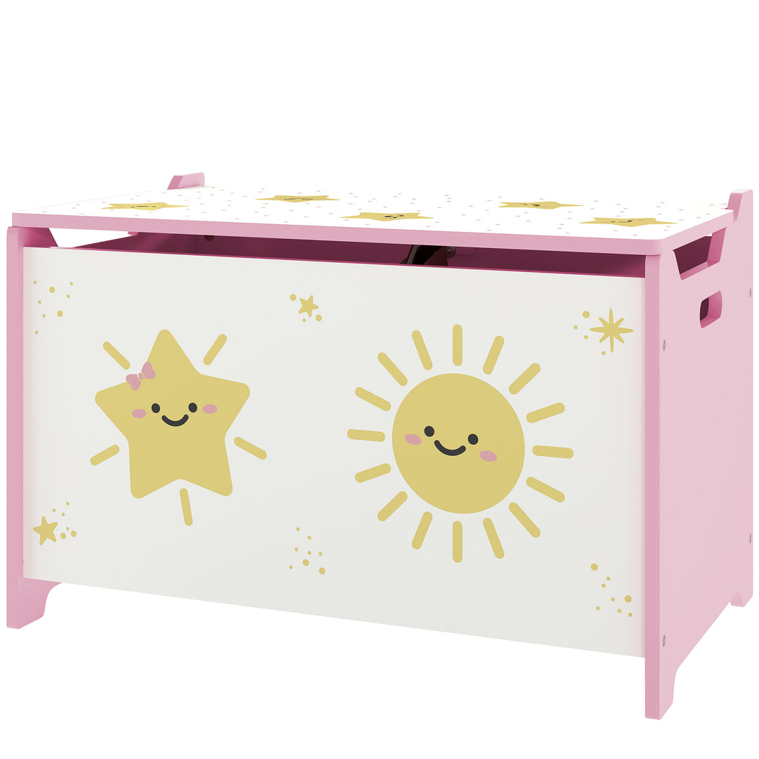 Qaba Toy Chest, Kids Storage Chest with Lid, Safety Hinges and Groove Handles for Boys, Girls, Pink