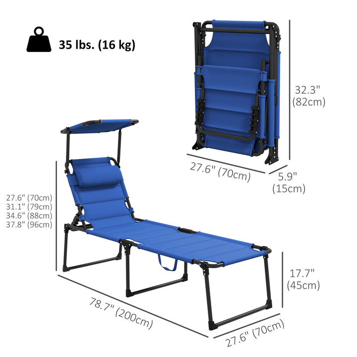 Outsunny Folding Chaise Lounge with Adjustable Sunroof, Outdoor Quick Dry Padded Tanning Chairs with Headrest, Reclining Back Outdoor Lounge Chair, for Beach, Yard, Patio, Blue
