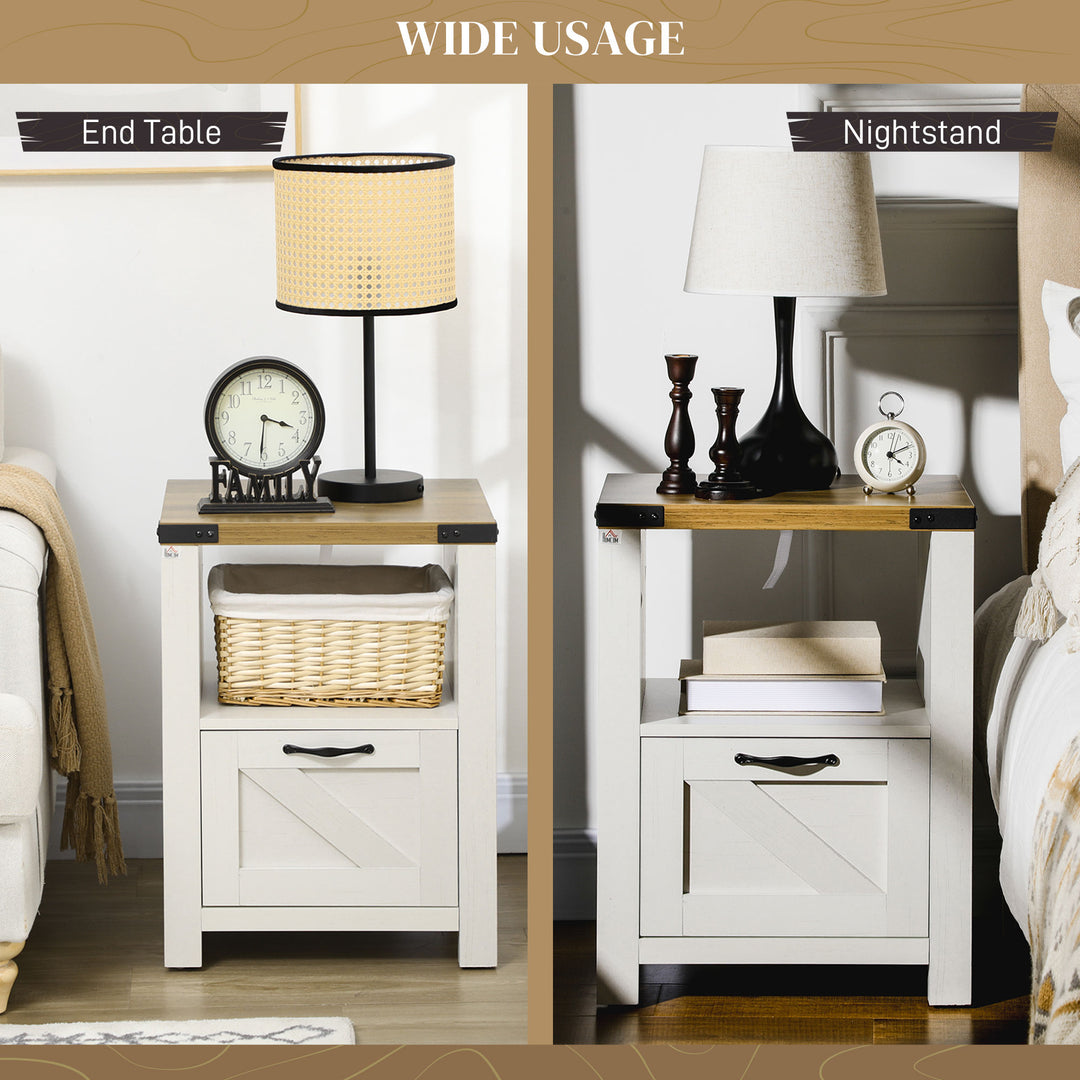 HOMCOM Side Table with Storage, Farmhouse End Table with Drawer, Open Shelf and Barn-style Panel, Nightstand for Living Room, Bedroom, Oak