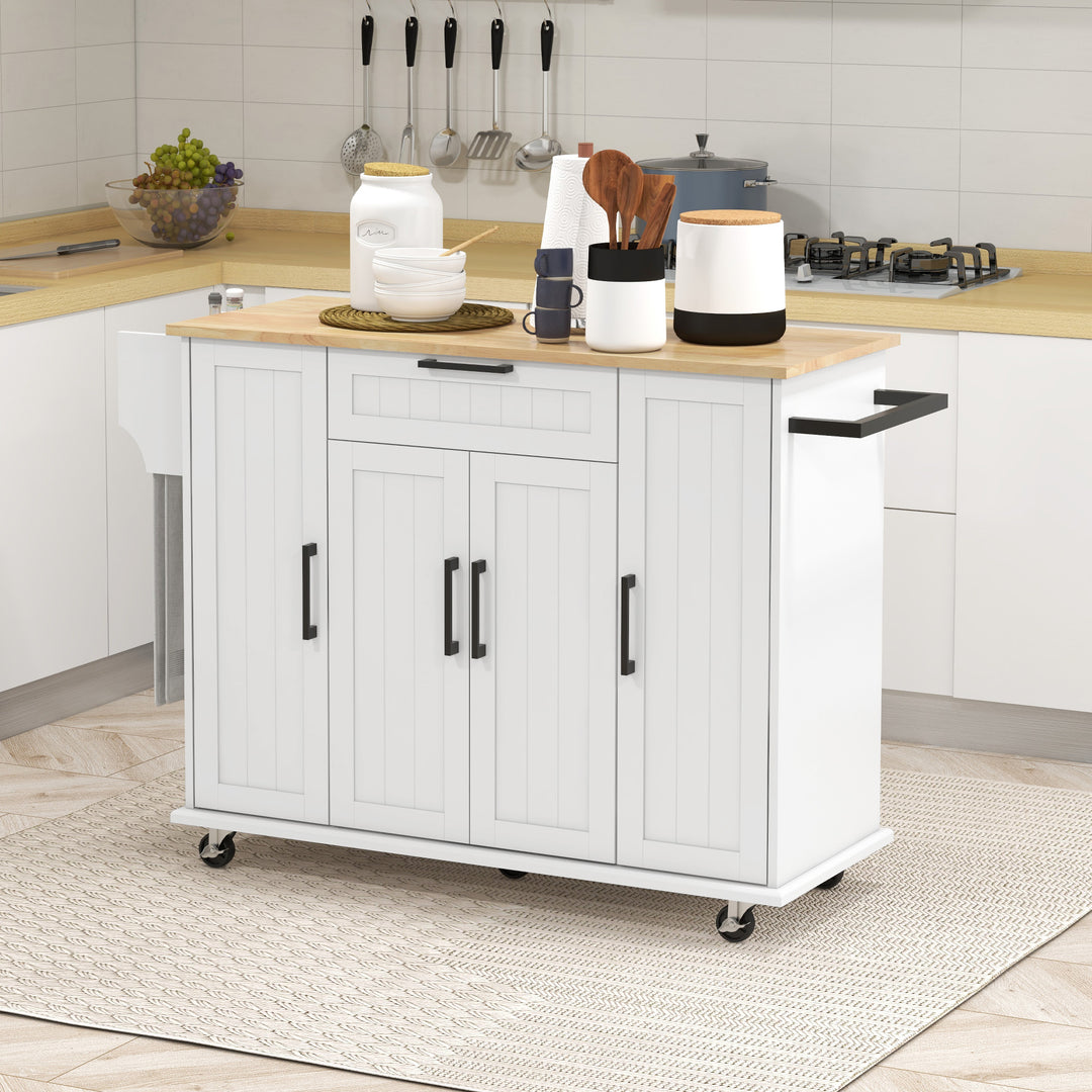 HOMCOM Modern Rolling Kitchen Island Cart with Drawers, Natural Wood Top, Towel Rack, Door Storage Cabinet, White