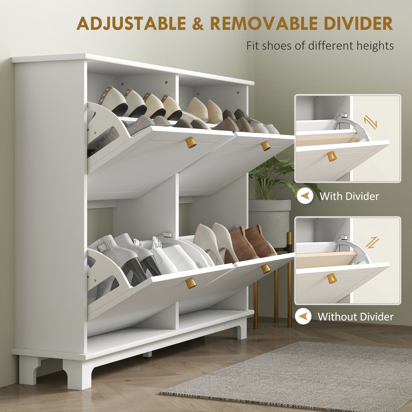 HOMCOM Modern Shoe Storage Cabinet, Narrow Shoe Cabinet with 4 Flip Drawers, Adjustable Shelves, 5 Legs for Entryway, White