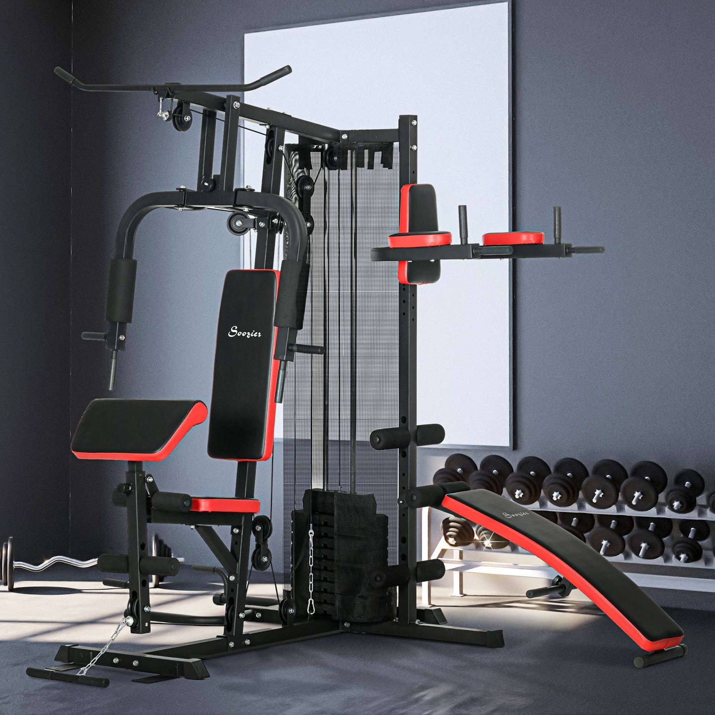 Soozier Multi Home Gym Equipment, Workout Station with Sit up Bench, Push up Stand, Dip Station, 99lbs Weights