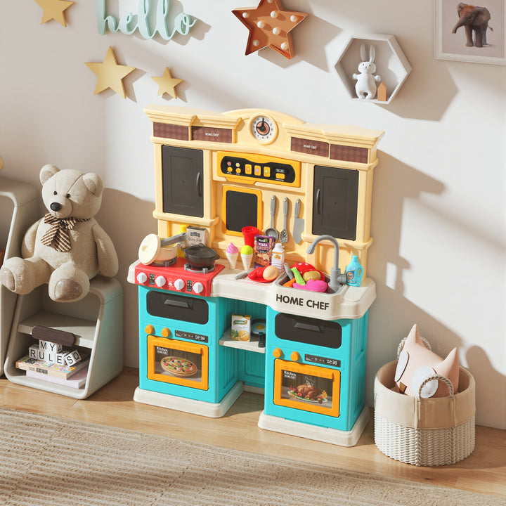 Qaba Play Kitchen Set, Kids Kitchen Playset with Real Lights and Sounds, Sink, Stove, Clock, Accessories, Green