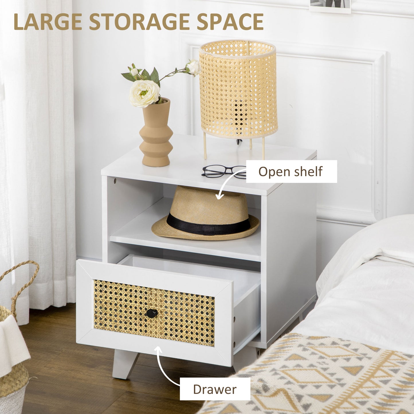 HOMCOM Bedside Table with Rattan Element, Side End Table with Drawer and Shelf, 17.7"x15.4"x22.2", White