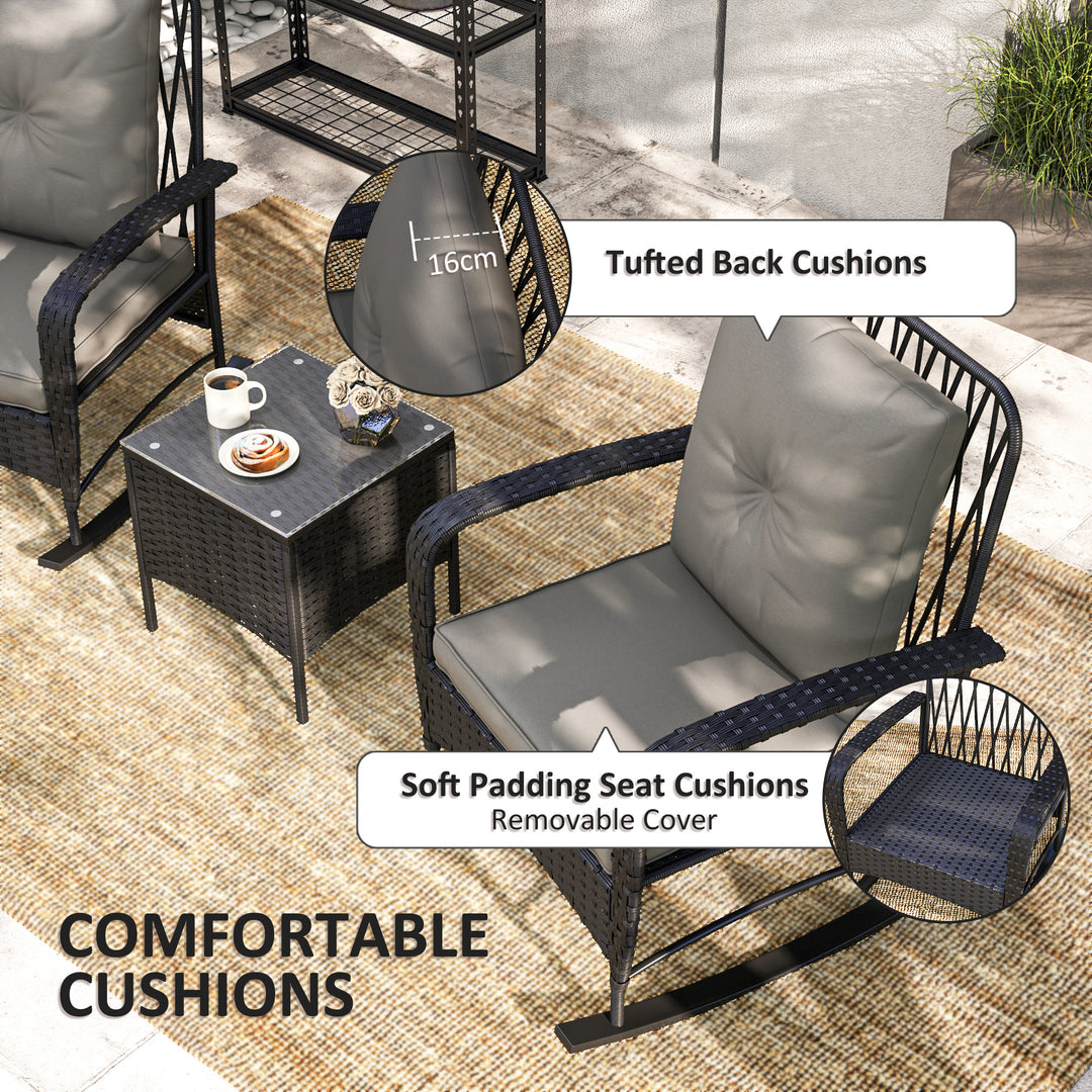 Outsunny 3 Pieces Rattan Bistro Set, Wicker Patio Furniture with Rocking Chairs, Thick Cushions for Porch Balcony, Grey
