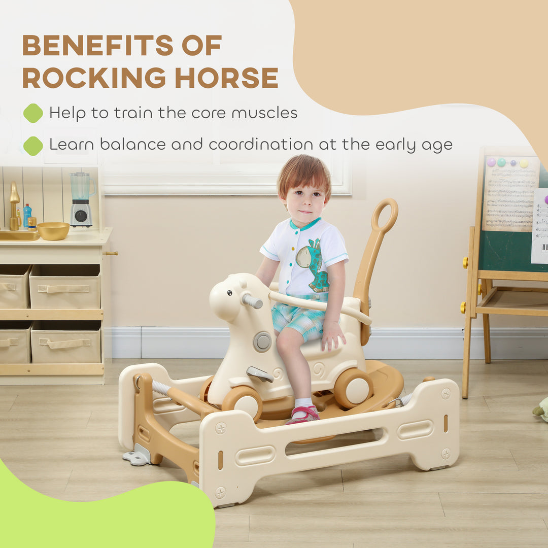 Qaba 5 in 1 Rocking Horse for Toddlers 1-6 Years with Balance Board, Push Handle, 4 Smooth Wheels, Brown