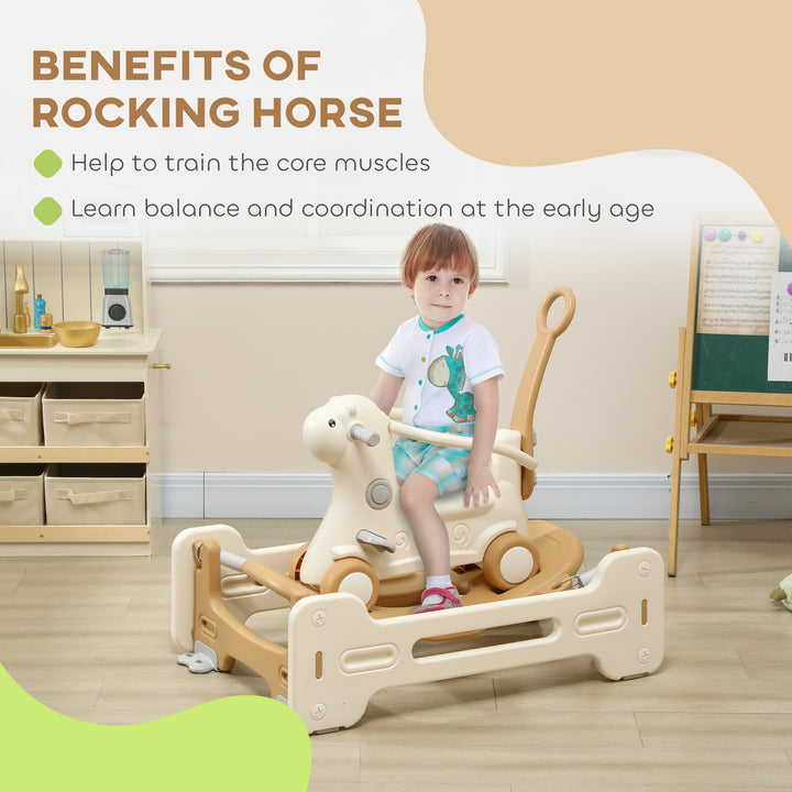 Qaba 5 in 1 Rocking Horse for Toddlers 1-6 Years with Balance Board, Push Handle, 4 Smooth Wheels, Brown
