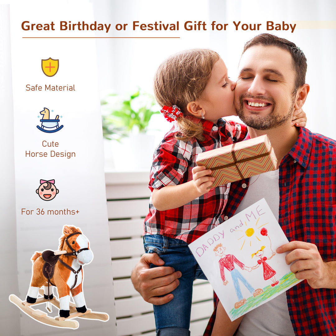 Qaba Kids Rocking Horse Child Plush Ride on Toy with Realistic Sound Red Brown