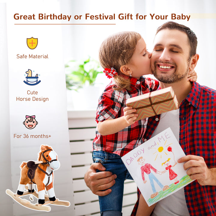 Qaba Kids Rocking Horse Child Plush Ride on Toy with Realistic Sound Red Brown