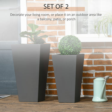 Outsunny Set of 2 Tall Planters with Drainage Holes, 22" / 18" Outdoor Flower Pots for Patio, Yard, Garden, Grey
