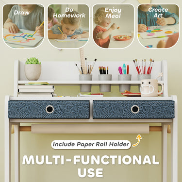 Qaba Kids Study Table and Chair Set, Art Desk and Chair Set with Storage Shelf and Drawers for 3-8 Year Old