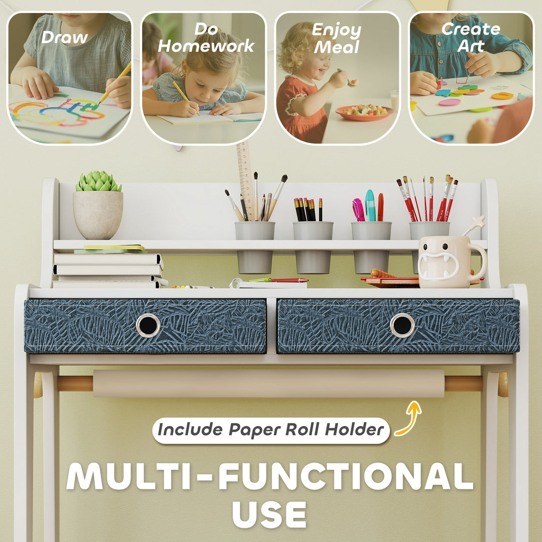 Qaba Kids Study Table and Chair Set, Art Desk and Chair Set with Storage Shelf and Drawers for 3-8 Year Old