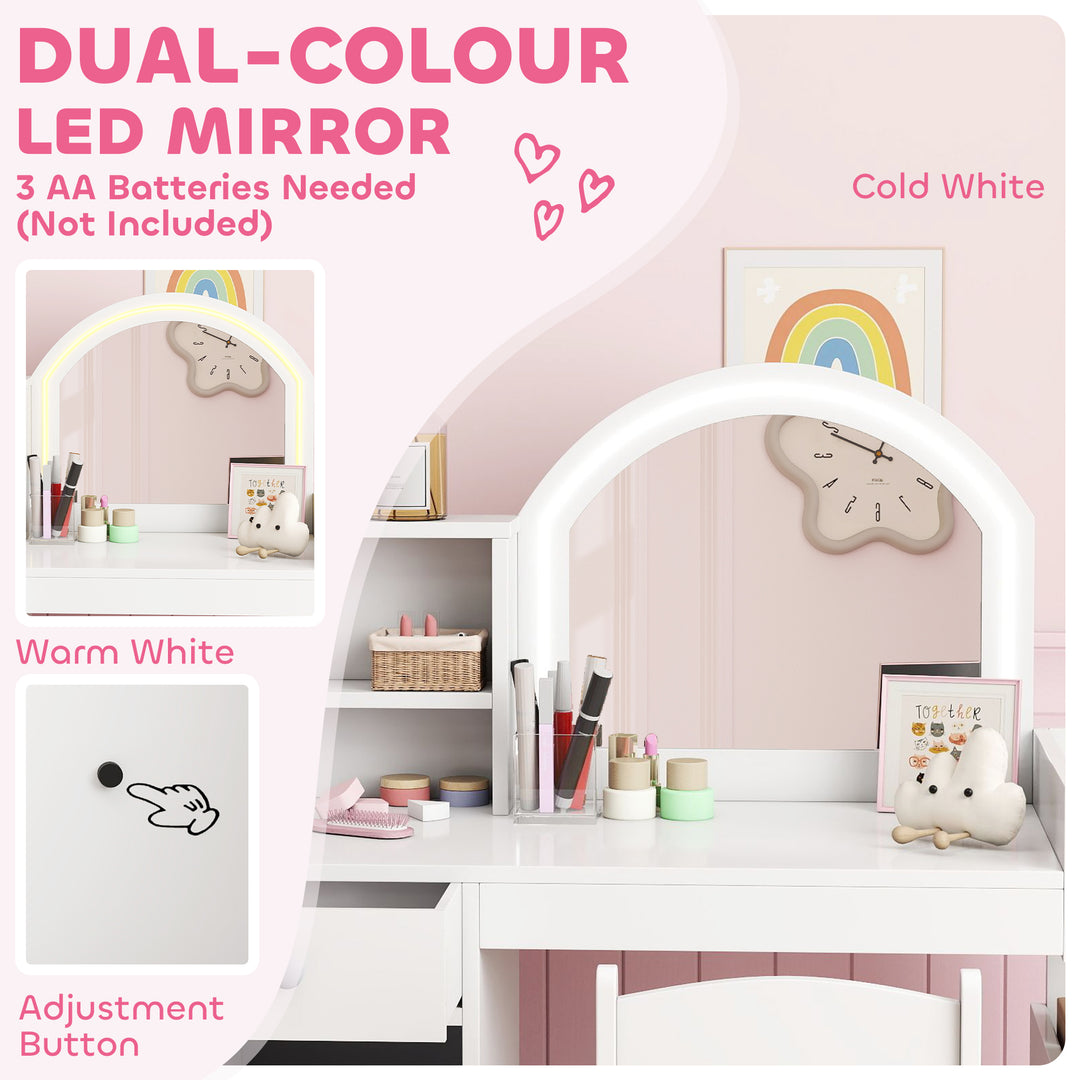 Qaba Kids Vanity Set, Toddler Dressing Table and Chair Set  with Lighted Mirror, Cabinet, Drawer and Shelves, White