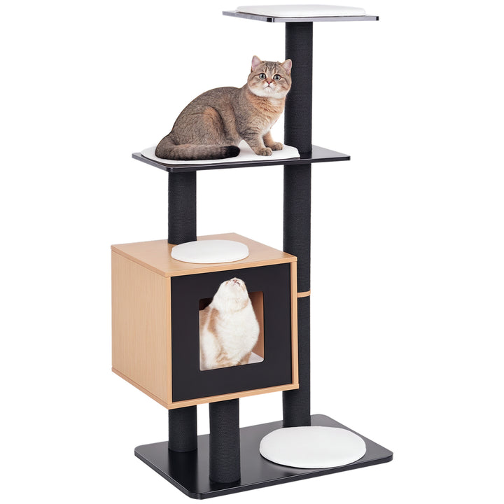 PawHut 47" Wood Cat Tree, Kitty Scratching Post, Kitten House, Condo Activity Center w/ Cushions, Pet Furniture