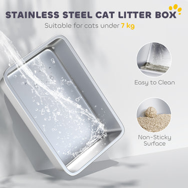 PawHut Extra Large Stainless Steel Litter Box, Enclosed Kitty Litter Box for Big Cats with Scoop, Deodorizer Bag