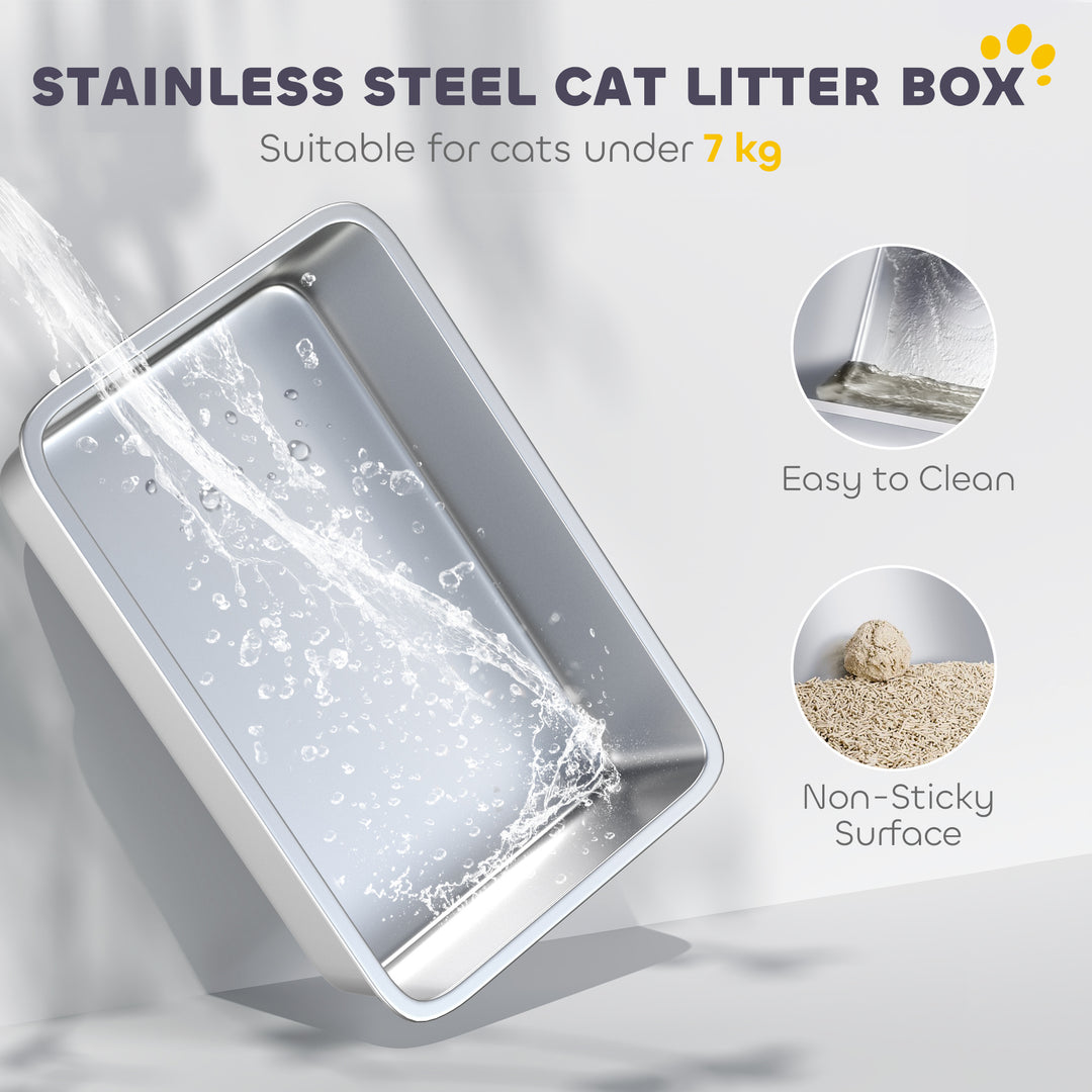 PawHut Extra Large Stainless Steel Litter Box, Enclosed Kitty Litter Box for Big Cats with Scoop, Deodorizer Bag