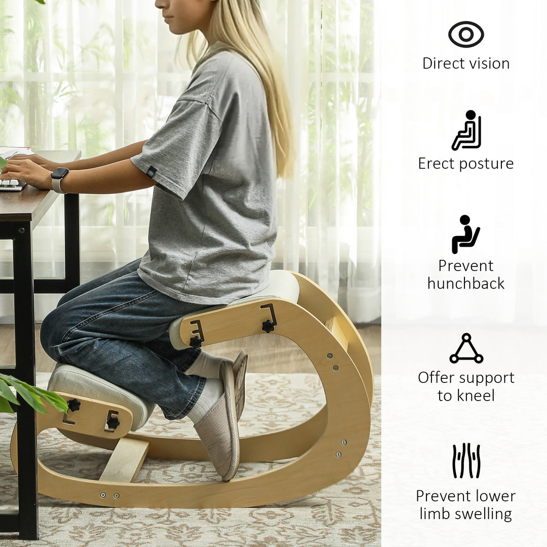 HOMCOM Ergonomic Kneeling Chair, Adjustable Rocking Wood Kneeling Stool, Desk Chair, Improve Posture, Cream White