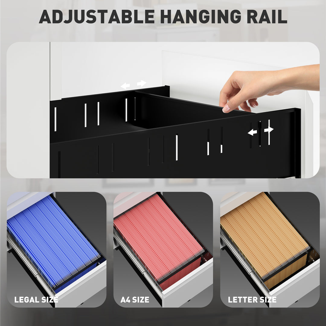 Vinsetto 3 Drawer Filing Cabinet with Lock, Steel Office Storage Cabinet with Hanging Bar for A4, Legal, Letter Files, White