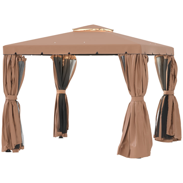 Outsunny 10' x 10' Outdoor Patio Gazebo Double Soft-top Garden Shelter Tent with Curtains, & Mesh Screen Drapes, Brown