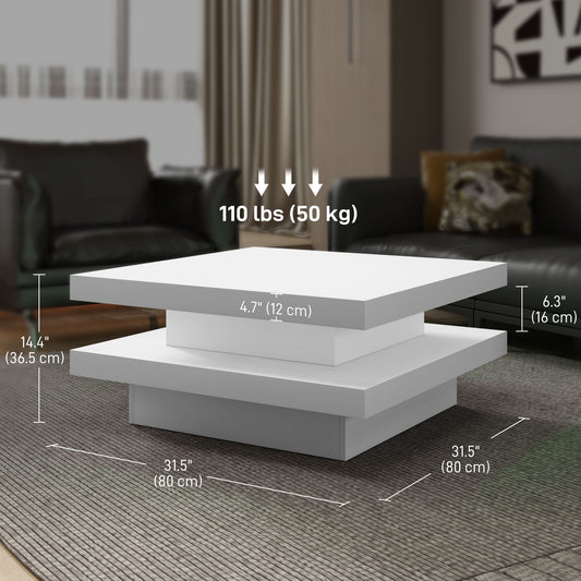 HOMCOM Square Coffee Table with 7 LED Lights and Remote, 2-Tier Modern Center Table for Living Room, White
