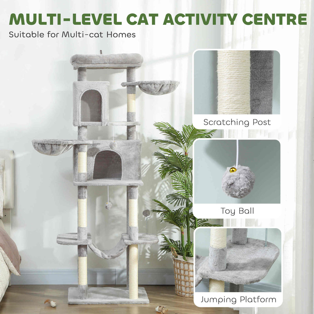 PawHut 69" Cat Tree, Multi-Level Cat Tower with 2 Condos, Plush Perch and Sisal Scratching Posts, Dark Grey