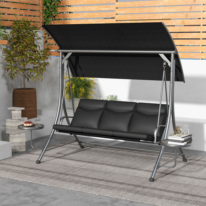 Outsunny 3 Seat Outdoor Swing Chair Steel Swing Bench Porch Swing With Adjustable Canopy & Coffee Tables & Cushion for Patio Garden, Black