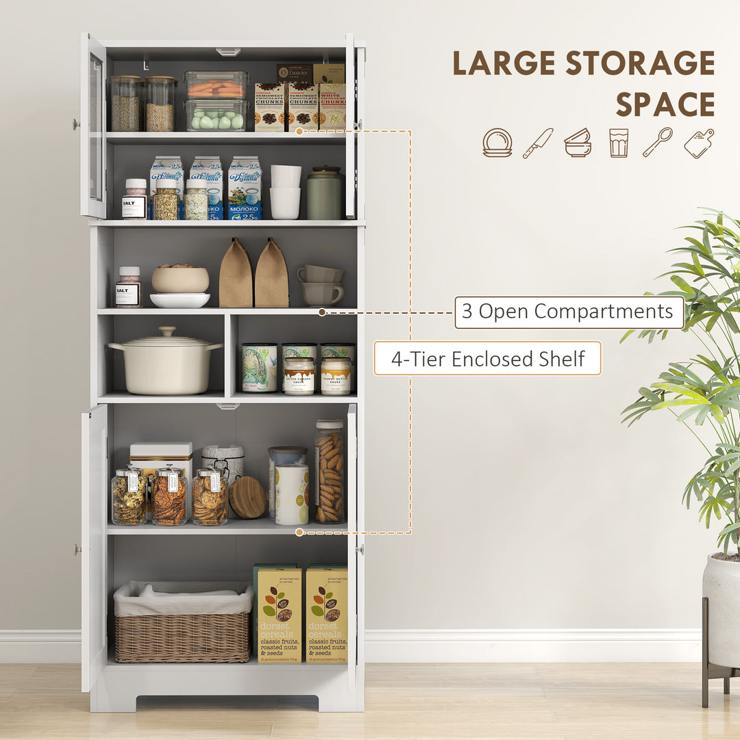 HOMCOM 57" Kitchen Pantry, Freestanding Pantry Storage Cabinet with Glass Doors, Adjustable Shelves, Open Compartments, White