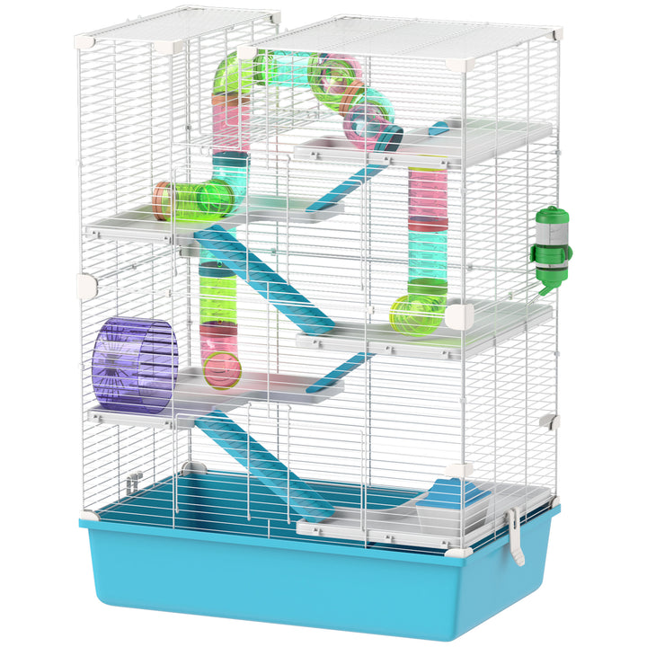 PawHut 6 Tier Hamster Cage w/ Tunnels and Tubes, Hut, Wheel, Food Dish, Water Bottle, Ramps, for Dwarf & Gerbil, Light Blue