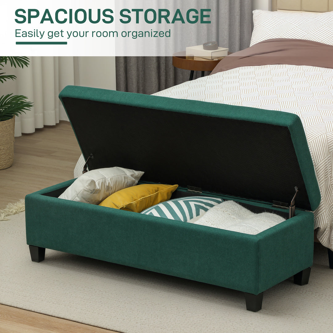 HOMCOM Rectangular Entry Bench, Tufted Upholstered Linen Fabric Wood Feet Storage Ottoman Bench, Dark Green