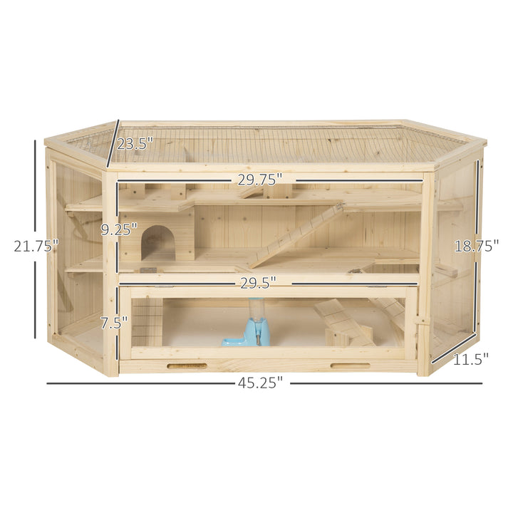 PawHut Wooden Large Hamster Cage Mouse Rats Small Animal Exercise Play House 3 Tier with Tray, Seesaws, Water Bottle