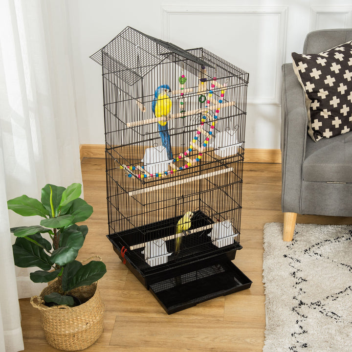 PawHut 39" Bird Cage for Budgie, Cockatiel, Conure, Small Birds, with Ladder, Swing, Toys, Perches, Tray, Feeding Bowls, Handle