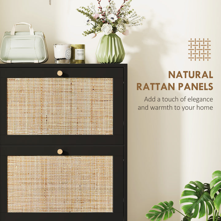 HOMCOM Rattan Shoe Storage Cabinet with 3 Flip Drawers and Adjustable Shelves, Entryway Shoe Cabinet for 18 Pairs, Black