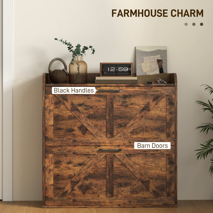 HOMCOM Narrow Shoe Storage Cabinet, Farmhouse Slim Shoe Cabinet with 2 Flip Drawers, Adjustable Shelves, White Oak