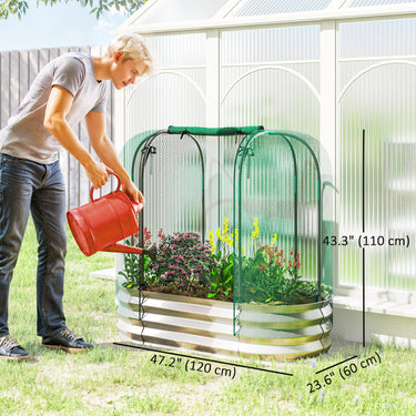 Outsunny Galvanized Raised Garden Bed with Crop Cage Protection Net Cover, Outdoor Planter Box for Vegetables, Flowers, Herbs