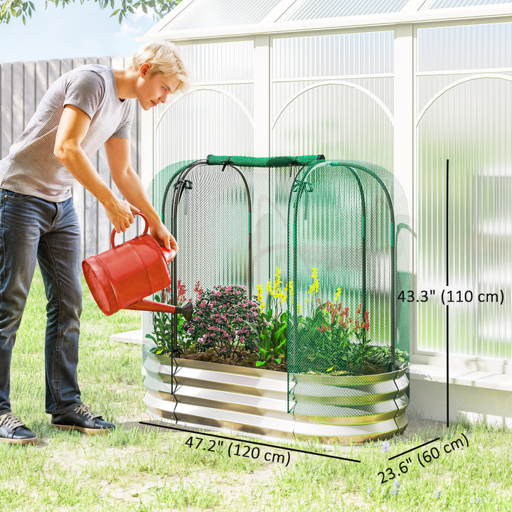 Outsunny Galvanized Raised Garden Bed with Crop Cage Protection Net Cover, Outdoor Planter Box for Vegetables, Flowers, Herbs
